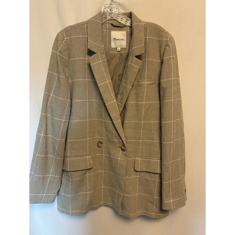 Madewell Women’s Plaid Double-Breasted Lined Blazer Jacket XL tan white plaid